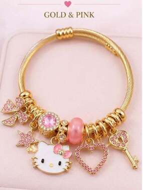 Cute Gold Hello Kitty Charm Bracelet Pink Heart Key Bow Charms